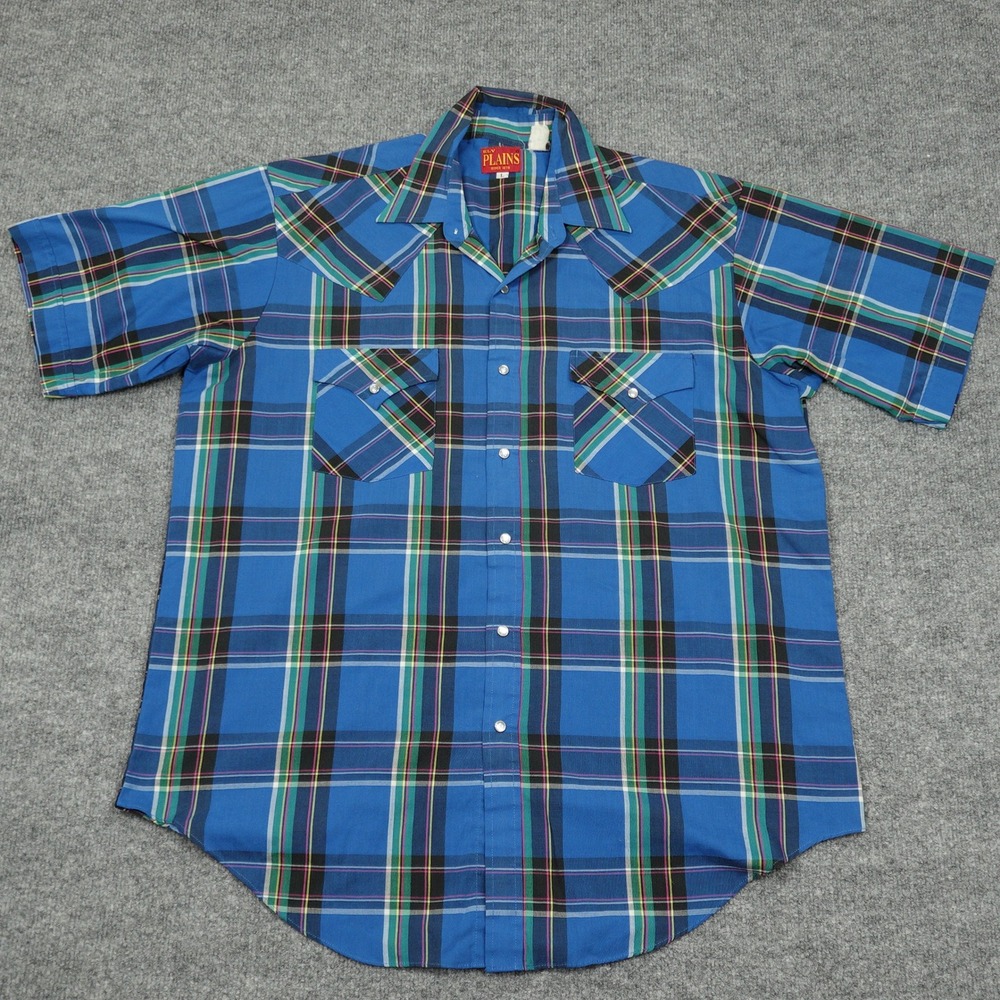 Ely Plains Shirt Men Large Blue Plaid Short Sleeve Pearl Snap Western Cowboy